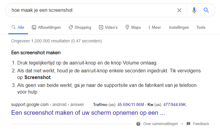 featured snippet van screenshot